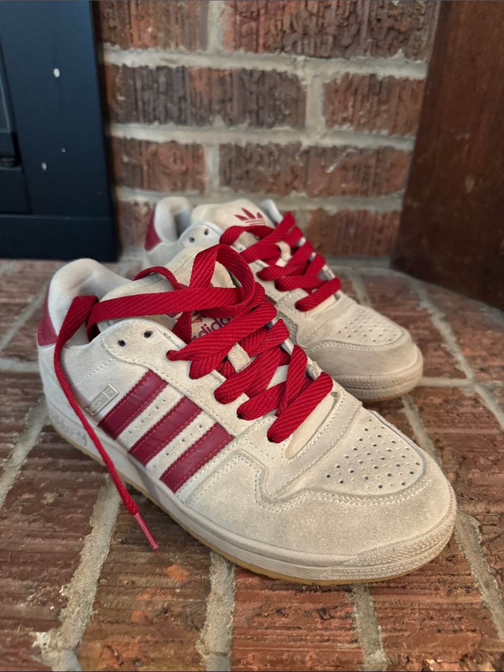 adidas adult Cream Suede Sneakers with Red Stripes and Laces